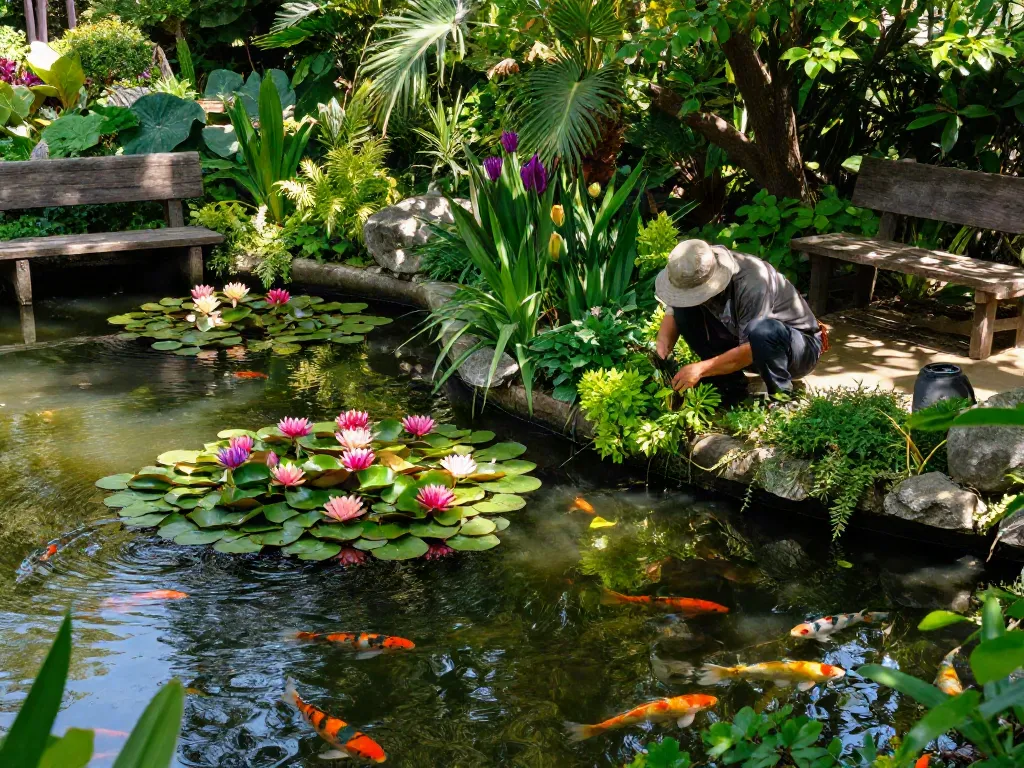 Buy water lilies in a serene garden pond setting with colorful blooms and a gardener tending to plants.