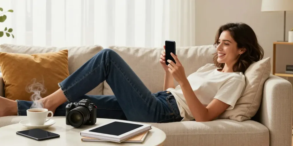 Ari Kytsya porn model enjoying a cozy moment on a stylish sofa.
