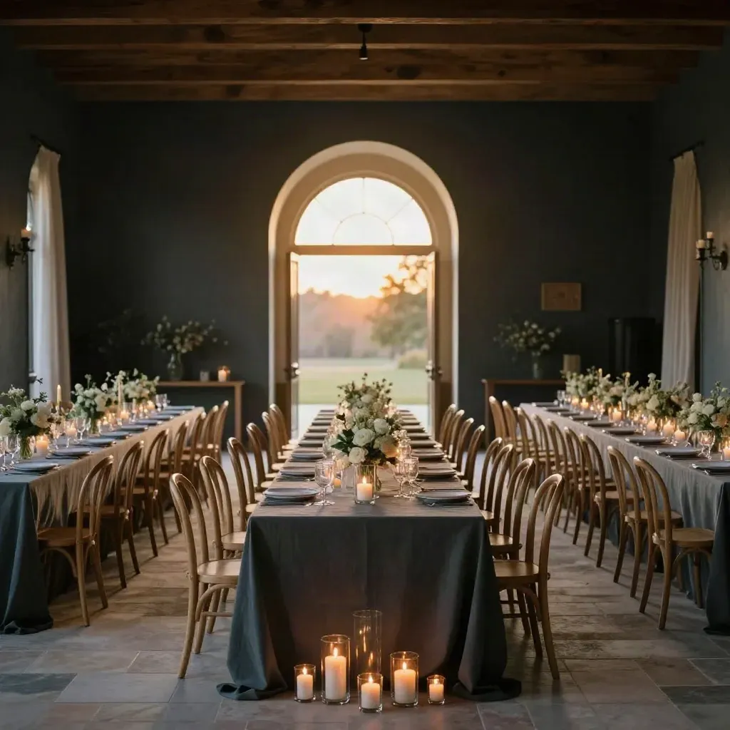 Black Point Chico event hall with banquet tables, bentwood chairs, candles, and a glowing side room.