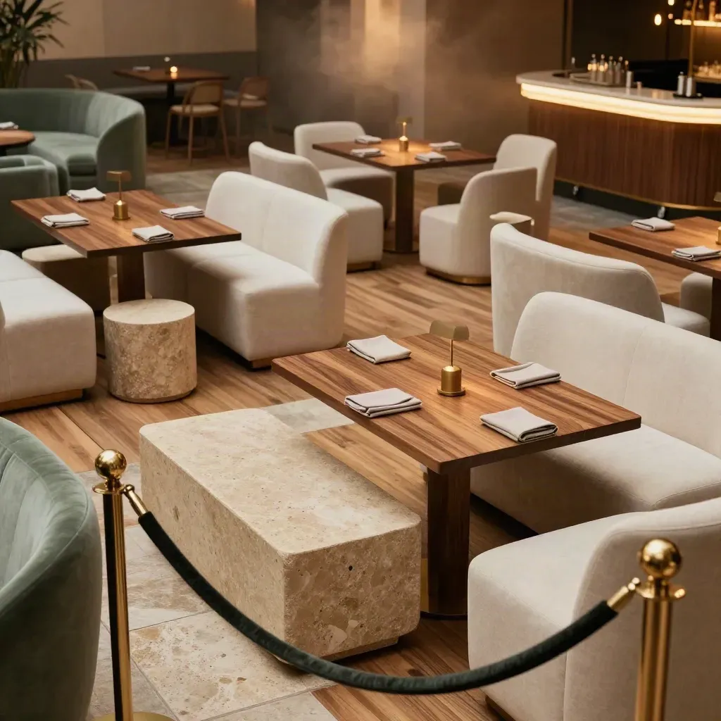 High-angle view of a chic event room with grouped tables, lounge seating, and a velvet-roped entry vignette.