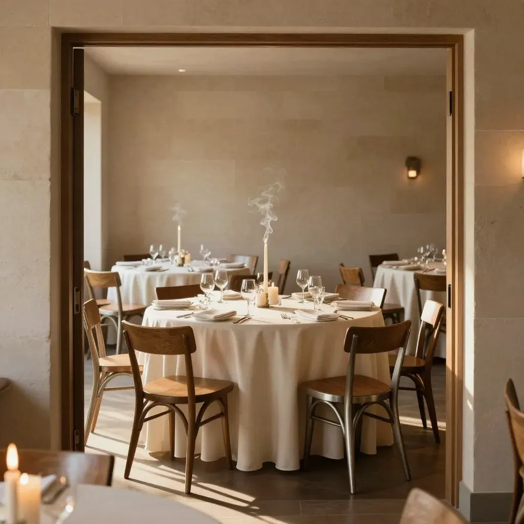 Warm private dining room set with ivory linens, taper candles, and stacked chairs in a Chico venue.