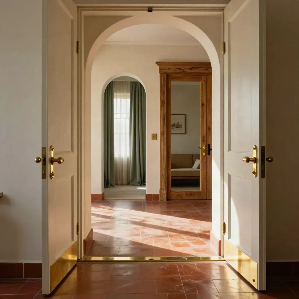 Polished terracotta entry hall with arched openings, brass hardware, and subtle sage accents.