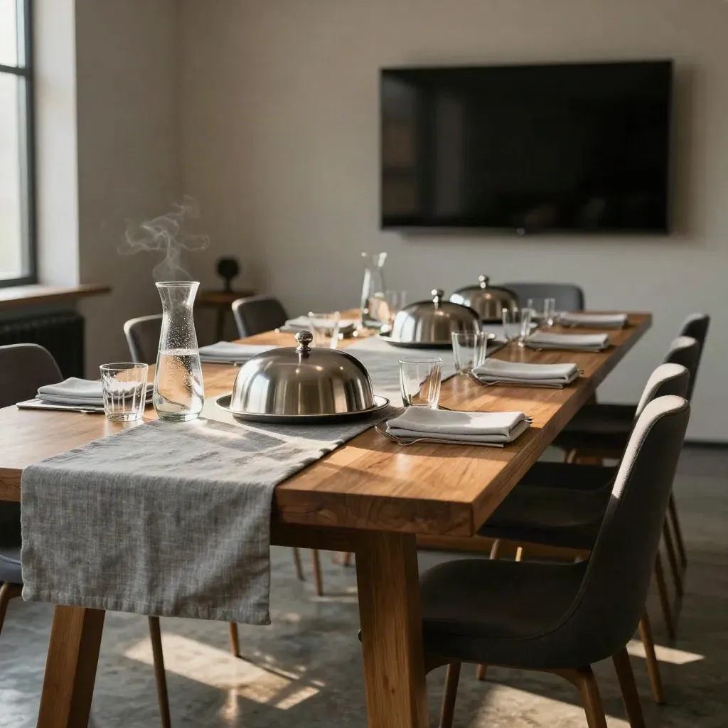 Quiet meeting room with lunch platters, water carafes, and a dark screen in warm afternoon light.