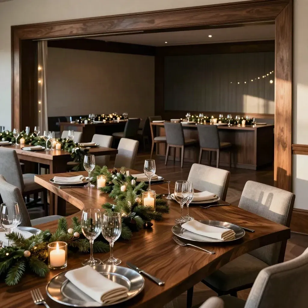 Candlelit event room with evergreen accents and a cleared meeting corner