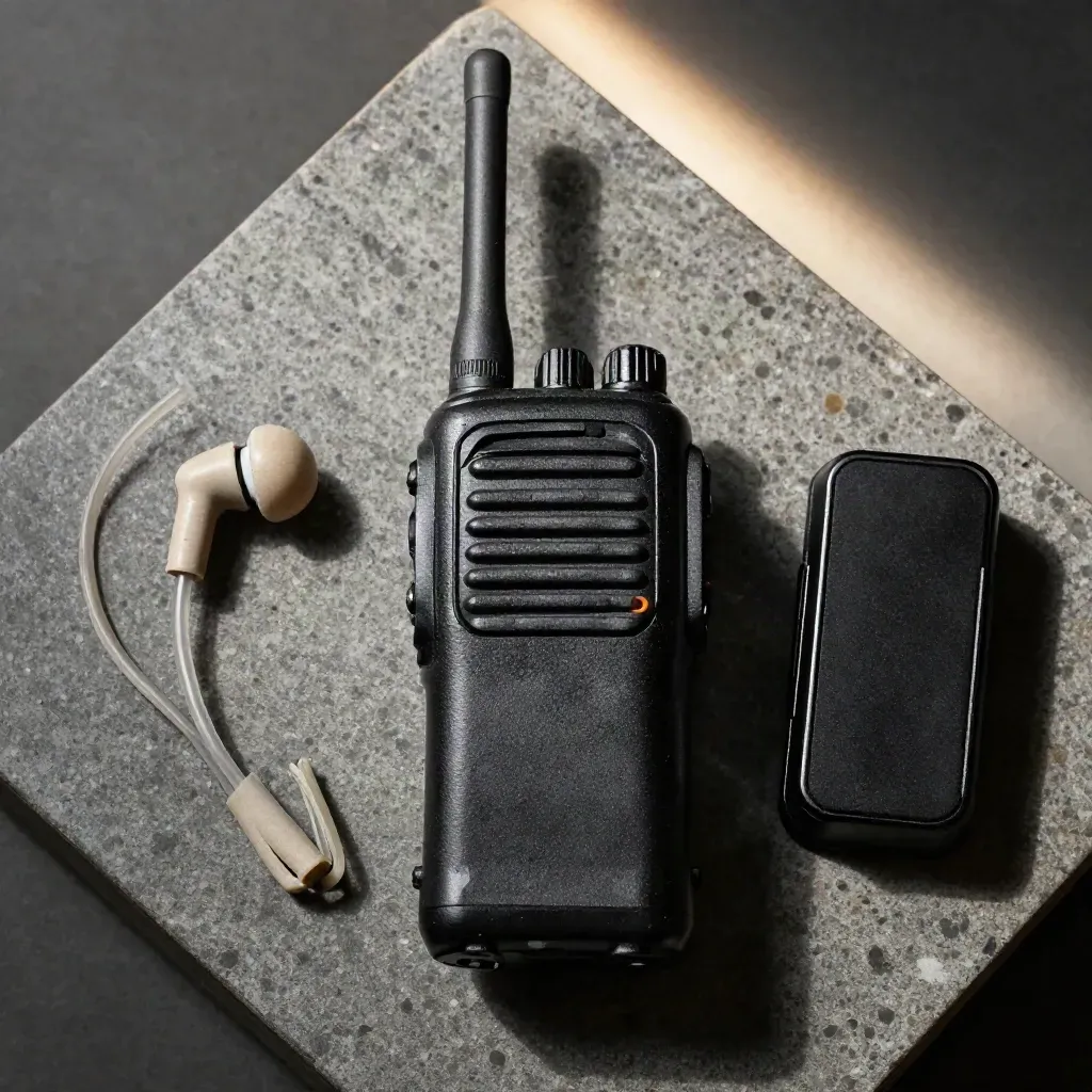 Top-down black event radio kit with earpiece, dock, and cable ties on brushed stone