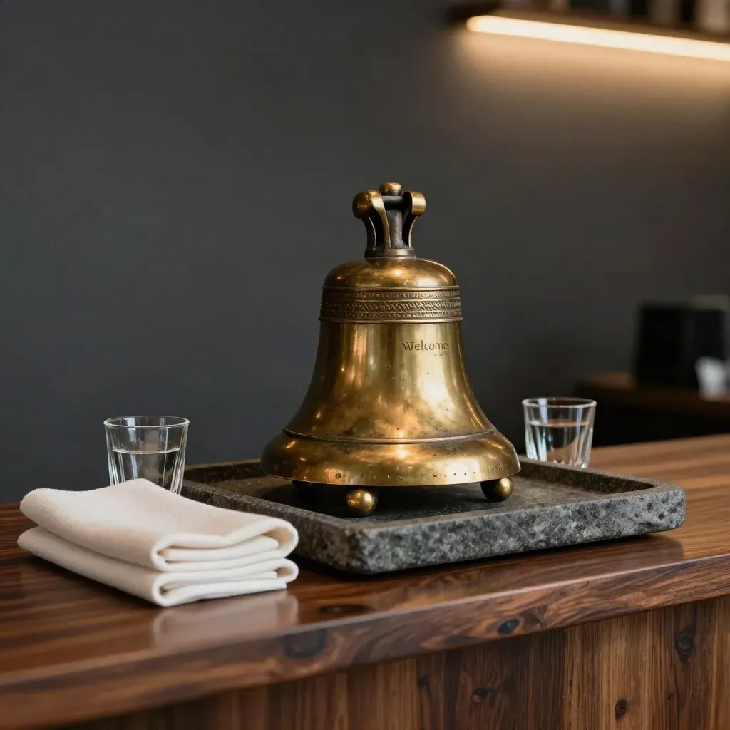Brass bell, stone tray, folded linen and glass votives on a venue check-in ledge.