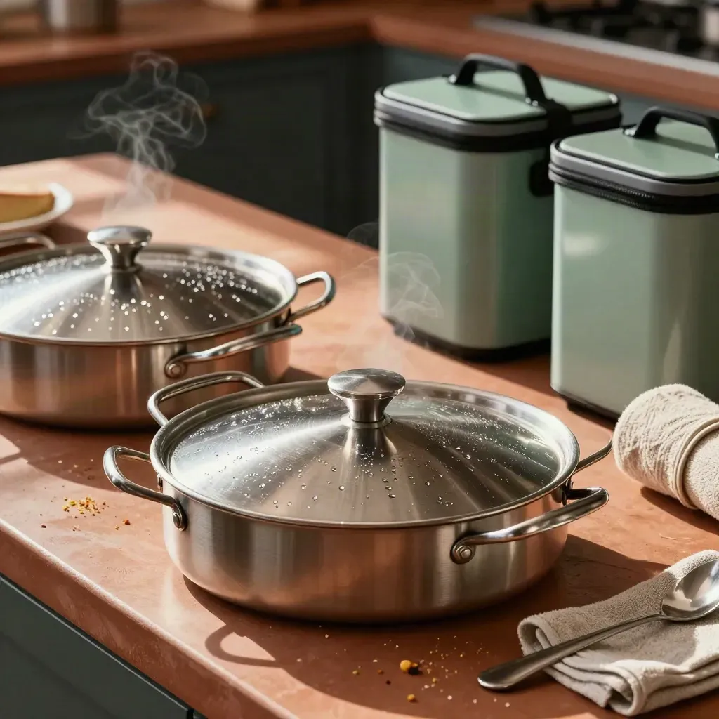Banquet pans, serving spoons, towel rolls, and insulated carriers on a warm prep counter.