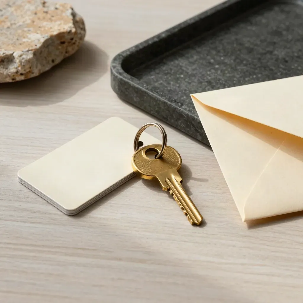 Brass key ring, key card holder, dark stone tray, and closed envelope on pale ash wood.
