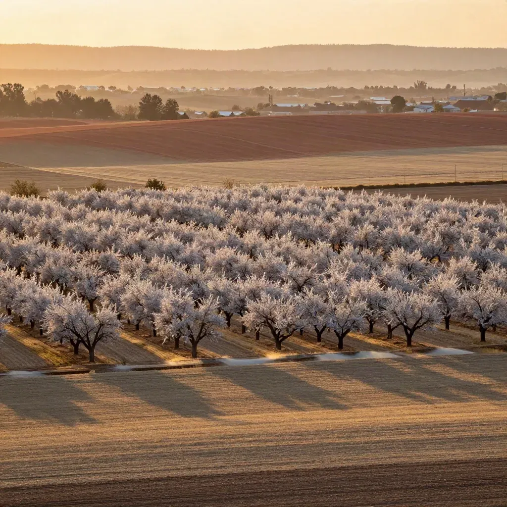 Amber orchard grids fading to a soft urban horizon above calm farmland.